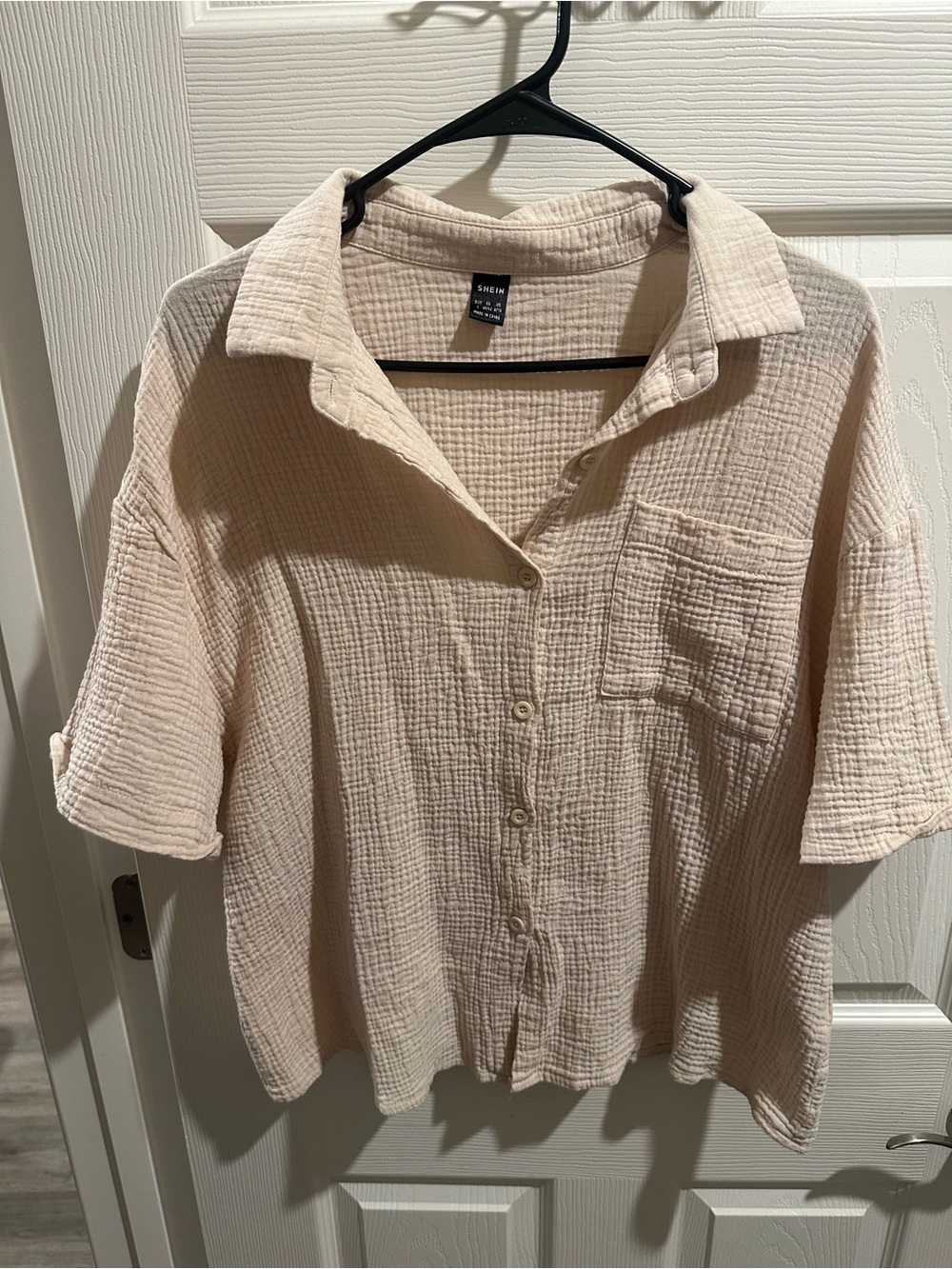 SHEIN Beige Short-Sleeve Gauze Button-Up Shirt
